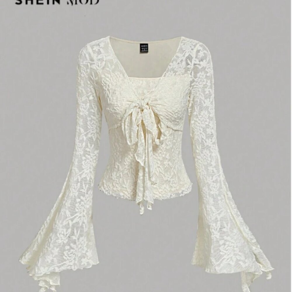 SHEIN Size M (6) Ivory Lace Overlay Tie Front Top with Long Split Bell Sleeves
